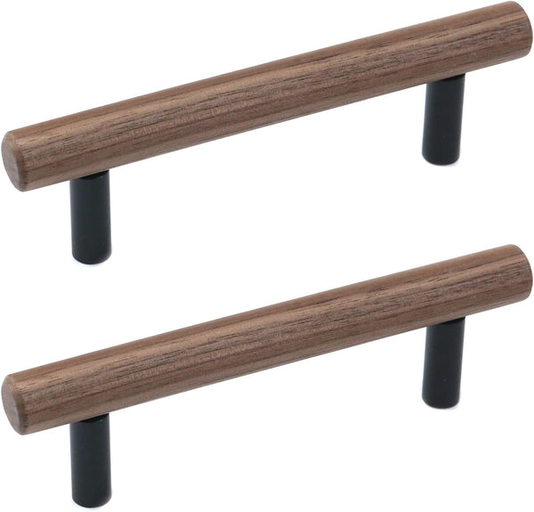 2Pcs Walnut Solid Wood Pulls Handles Aluminum Alloy Black Base Kitchen Wardrobe