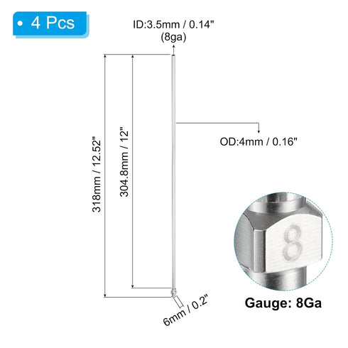 PATIKIL 8Ga x 12 Inch Stainless Steel Dispensing Needle Tips, 4Pcs Metal Glue Needle Tube Blunt Tips Luer Lock for Thick Glue Ink Lab, Silver