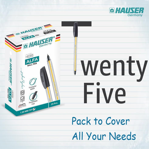 HAUSER ALFA Tricone Black Ballpoint Pens, 25 Pc, 1.00 MM Bold Pens for School, Office, and Craft Supplies