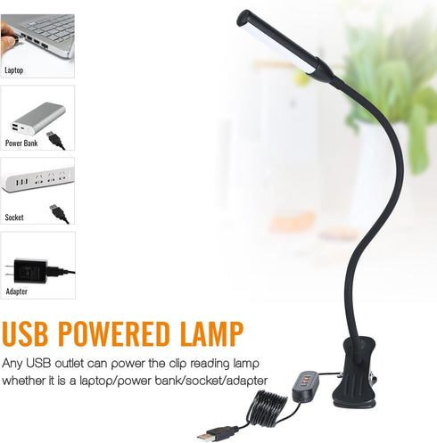 Clip on Reading Light, Clip Light with Warm & Daylight & White Light, 3 Colors, Eye-Care Clamp Lamp with 10 Modes