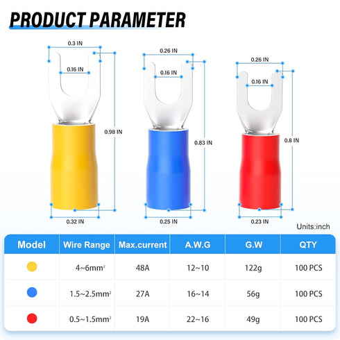 300 Pcs Insulated Fork Spade U-Type Wire Connector, 22-16 16-14 12-10 AWG Electrical Crimp Terminal