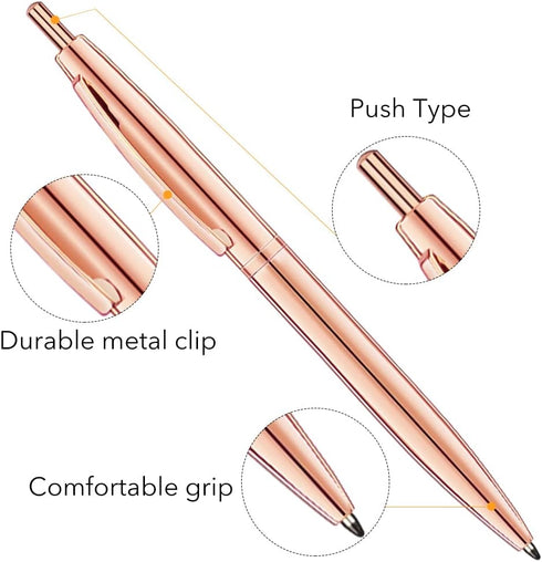 Unibene 6 Pack Rose Gold Ballpoint Pens, 1.0mm Medium Point Black Ink with 6 Stainless Steel Refills