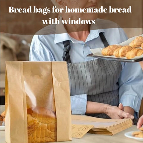 100pcs 13.7 8.3 3.5 Inch 120 Paper Bread Bags for Homemade Bread, Sourdough Bags with Window, x x Large Brown Kraft