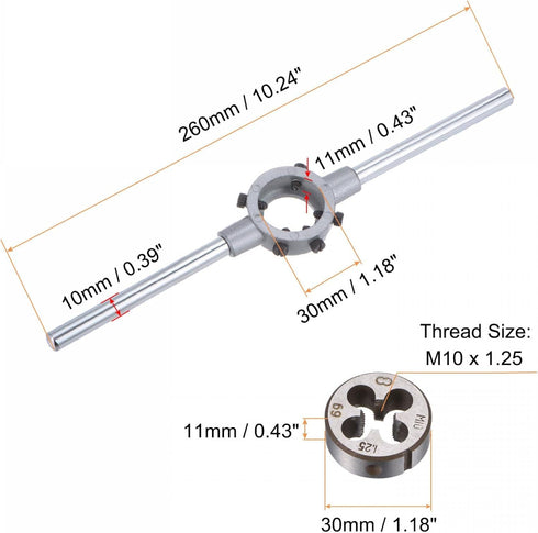 uxcell Die Stock Handle Wrench Set, M10 x 1.25 Threading Round Die and 30mm (Fit M10-M11 Dies) Holder Adjustable Wrench Hand Tool by uxcell