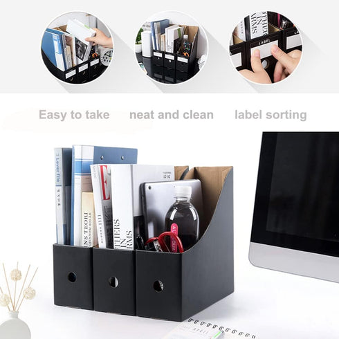 Foldable Desk File Holder Organizer - Sturdy Cardboard Magazine Storage Box with Blank Label Stickers, Matte Black