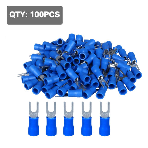 16-14 AWG 100Pcs Insulated Fork Spade Wire Connectors, SV2-3 U Type Electrical Crimp Terminals Kit