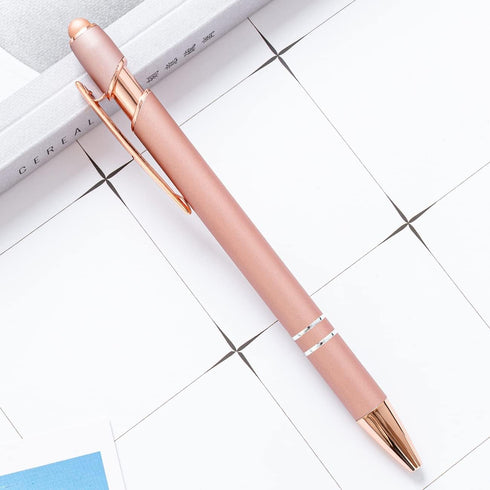 PASISIBICK 12 Pieces Rose Gold Ballpoint Pen with Stylus Tip, 2 in 1 Stylish Metal Pens for Touch Screens, 1.0 mm Black