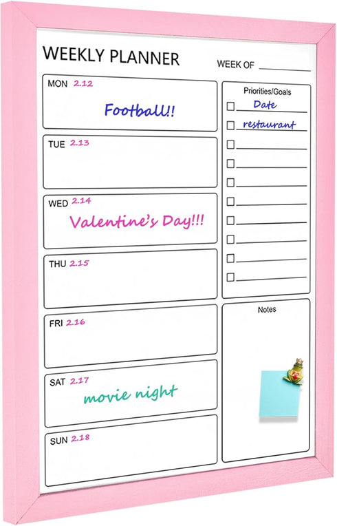 Dry Erase White Board Weekly Calendar Board, 18“x24" Solid Wood Pink Framed Message Board for Office