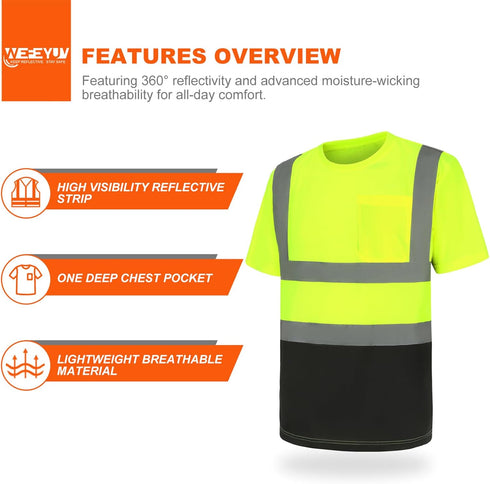 High Visibility Shirts Class 2 Quick Dry Safety T Shirts with Pocket, 4 Reflective Strips, Short Sleeve, Black Bottom