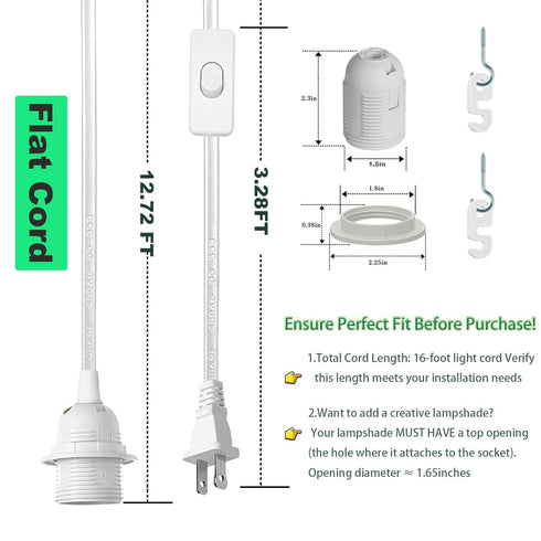 16Ft Bulb E26/E27 4 Pack, Plug in Pendant Light Cord Kit - Light Socket with Cord Hanging Lantern Lamp Cable