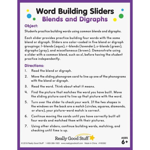 Really Good Stuff Word Building Sliders, Blends and Digraphs Set of 27 for Phonics ELA Learning Essentials Gr 1-2