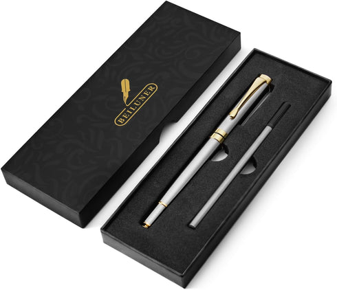 BEILUNER Silver Chrome Ballpoint Pen with Golden Trim, Best Gift Set for Men & Women, 0.5mm Extra Black Refill