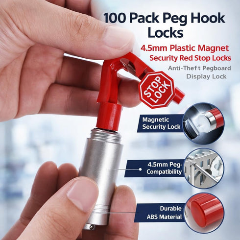 Generic 100 Pack 4.5mm Peg Hook Locks, Plastic Magnet Security Red Stop Locks, Anti-Theft Pegboard Display Lock