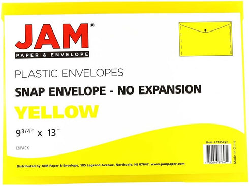 JAM PAPER Plastic Envelopes with Snap Closure - Letter Booklet - 9 3/4 x 13 - Yellow - 12/Pack
