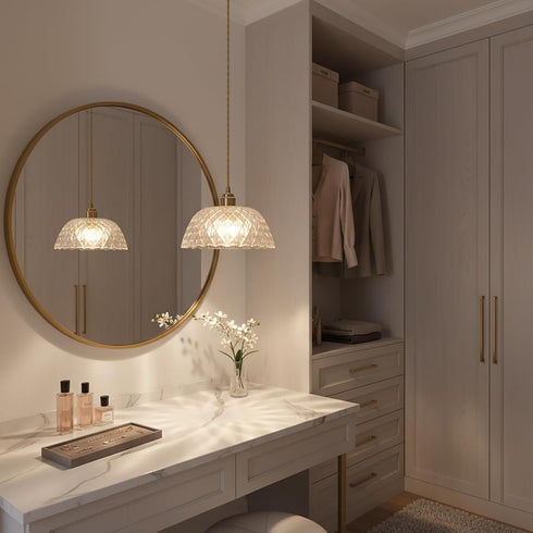 YJQHXY Modern Textured Glass Pendant Light, Brass E26 Hardwired Ceiling Hanging Light with