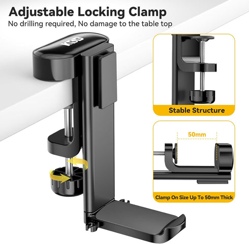 KDD 4 in 1 Desk Cup Holder - Clamp on Under Desk Headphone Hanger, Rotating Holder for Cup, Phone, and Pen (Black)