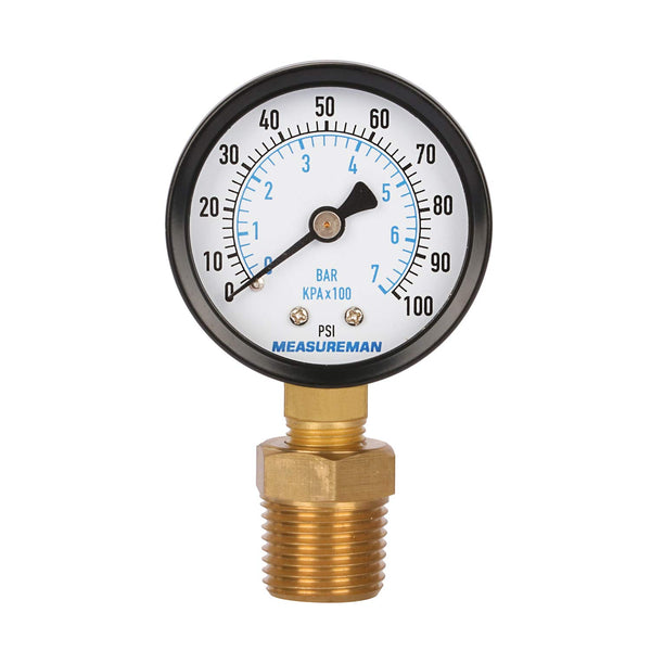Measureman 2" Well Pump Pressure Gauge, 0-100psi/bar, 1/4" NPT Male with 1/2" NPT Adaptor