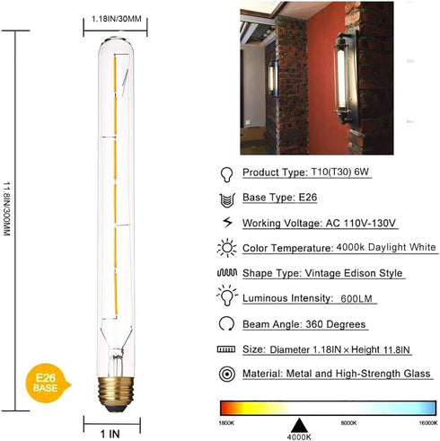 VCTC Lighting T300 6W Dimmable Bulb T10(T30) Light,60 Equivalent,4000K White,E26 600LM, Glass,11.8in(300mm), 4-Pack Led