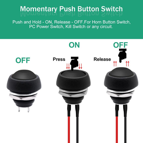 Twidec 6Pcs Momentary Push Button Switch - 12mm On Off Mini Round Waterproof Black with Pre-soldered Wires