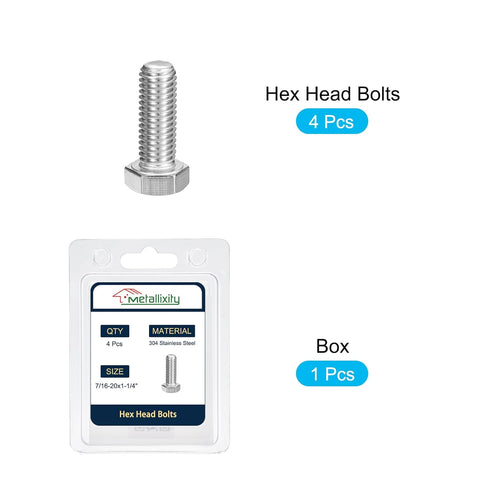 Hex Bolts (7/16-20x1-1/4") 6Pcs, 304 Stainless Steel Fully Threaded Hex Head Screw for Furniture Repair