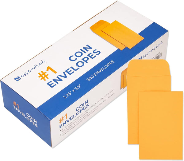 ESSENTIAL #1 500 Piece Coin Envelopes - 2.25" x 3.5" with Gummed Flap for Home and Office Use (Brown)