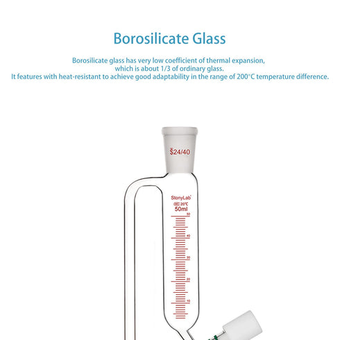 stonylab Graduated Pressure Equalizing Addition Funnel, 50 ml Borosilicate Glass Dropping Funnel with 24/40 Joint