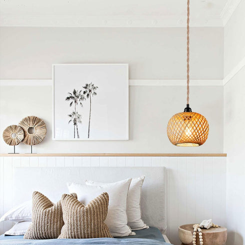 EcoGehen 15ft Boho Plug in Pendant Light Wicker Rattan Hanging Lights with Hemp Rope Cord MINI Bamboo Lampshade Wall