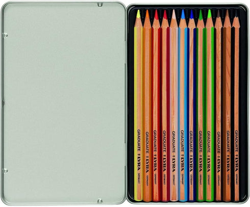 Lyra Graduate Colouring Pencils, 12 Assorted Colours, 3.8mm Thick Lead, Tin Box, Ideal for Student Artists & Schools