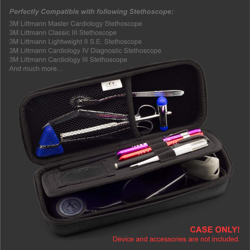 Hard Stethoscope Case, Large Carrying Case with ID Slot, Compatible with 3M Littmann/ADC/Omron/MDF, Black