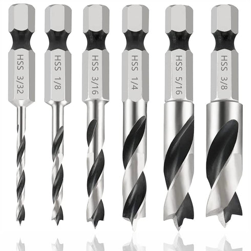 6Pcs Brad Point Drill Bits Stubby Set for Wood | 4241 High Speed Steel Spiral Twist Bit 1/4" Quick Change Hex Shank