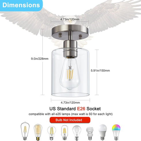 1-Light 1 Pack YYT Brushed Nickel Semi Flush Mount Ceiling Light, Small Hallway Light Fixture Ceiling, Over Sink