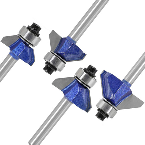 Yakamoz Industrial Grade 4Pcs Router Bit Set, 1/4 Inch Shank 45 Degree Chamfer with Top Bearing for Woodworking