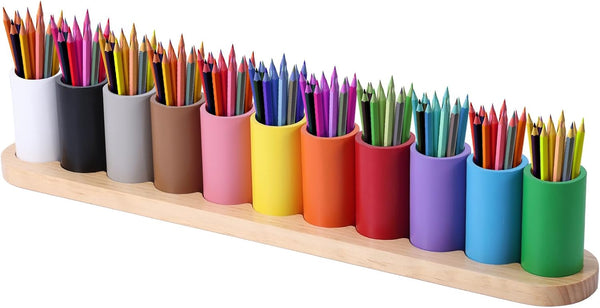 Diegimr Wooden Colored Pencil Holder, Montessori Crayon Organizer 11 Movable Compartments Pen Cups