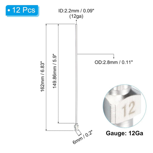 PATIKIL 12Ga x 5.9 Inch Stainless Steel Dispensing Needle Tips, 12Pcs Metal Glue Needle Tube Blunt Tips Luer Lock for Thick Glue Ink Lab, Silver