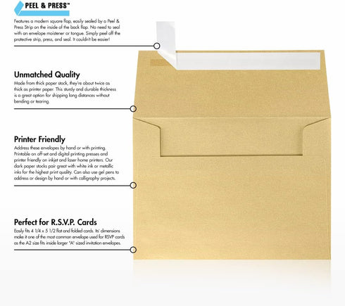 LUXPaper A2 Invitation Envelopes, Peel & Press, 4 3/8" x 5 3/4", Blonde Gold Metallic, 50 Qty