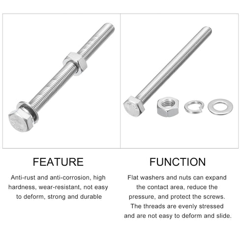 Hex Head Screws Bolts, Nuts, Flat & Lock Washers Kits (M10-1.5x120mm) 4 Set, Stainless Steel Machine Screws for Home