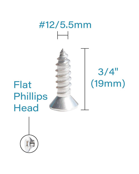 50pcs #12 x 3/4" (19mm) Stainless Flat Head Phillips Wood Screws, 18-8 (304) Stainless Steel Countersunk Self Tapping