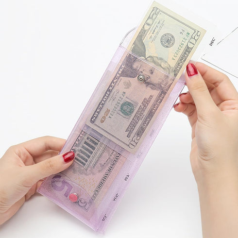 Purple Cash Envelope Wallet PVC Budget Wallet with Reusable PP Frosted Money Pocket Dividers & Month Label Stickers