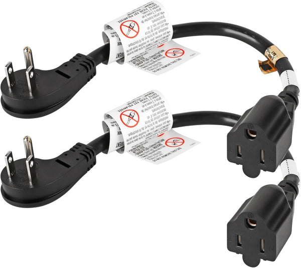 1Feet 1625W 13A UL SJT 16AWG Flat Plug Heavy Duty Extension Cord, 3-Prong Grounded Short Adapter (Black, 2 Pack)
