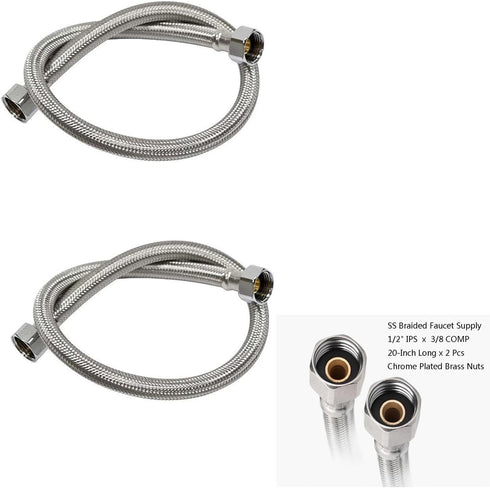 Braided Faucet Connector Supply Hose 1/2"-14NPSM Brass Nut X 3/8 Female Fitting, Stainless Steel Lead-Free 20-Inch Long