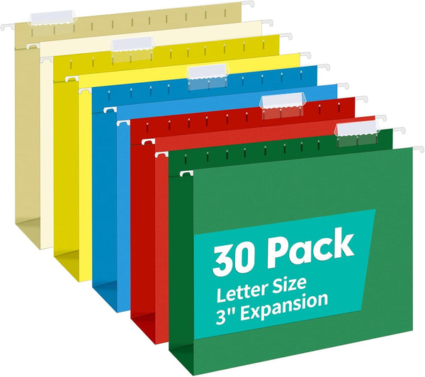 HERKKA Extra Capacity Hanging File Folders, 30 Pack, Letter Size, Heavy Duty 3 Inch Expansion, Assorted Colors