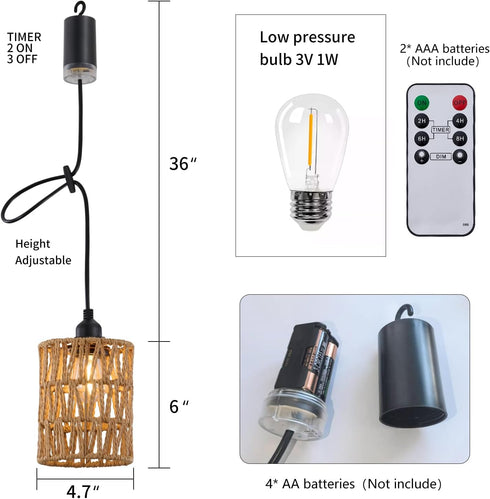 SIJINCHEN Bulb, 4*AA Battery Operated Chandelier with Remote, Outdoor Hanging Pendant Light with Warm White Boho