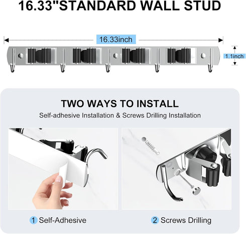 2 Pack 4 5 nacena Broom Holder Wall Mount Mop Hanger, Stainless Steel Racks Hooks Self Adhesive Heavy Duty Tool