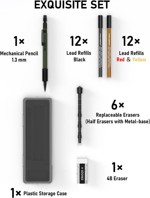 Four Candies 1.3mm Mechanical Pencil Set, Heavy Duty Metal Carpenter Pencil with 24 Refills and Erasers