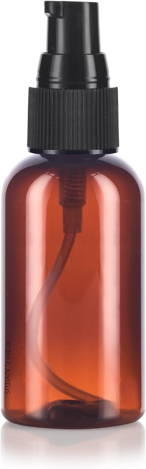 JUVITUS 2 oz Amber Boston Round Plastic Bottles, BPA Free with Black Treatment Pump, 24 Pack