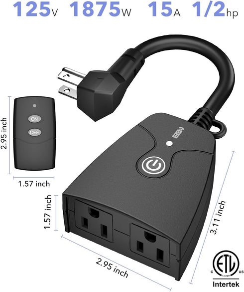 HBN Switch,6-inch Cord,100ft 2 Controls(15A,Dual 3-Prong Outdoor Wireless Remote Control Outlet Plug,Weatherproof Heavy