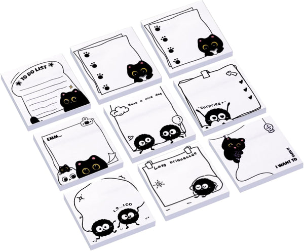 Mangpung 9 Pads Black Cute Cat Sticky Notes Set,Funny Sticky Notes Set, Cat