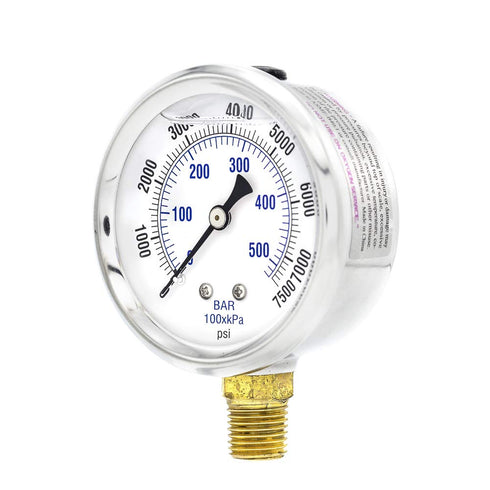 PIC Gauges PRO-201L-254T Bottom Mount Glycerin Filled Dual Scale Pressure Gauge, 2.5" Dial, 0-7500 psi