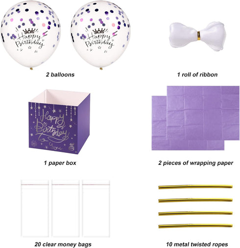lasuroa Set Pull Money Balloon Box for Cash Gift, Funny Happy Birthday Balloon Surprise with Balloons Ribbon Balloon