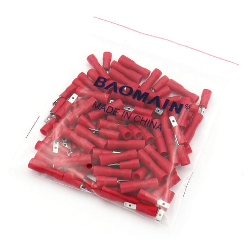 Baomain 0.11" Female & Male Spade Connectors, 22-16 AWG, Fully Insulated Crimp Terminals, Red (200-Pack)